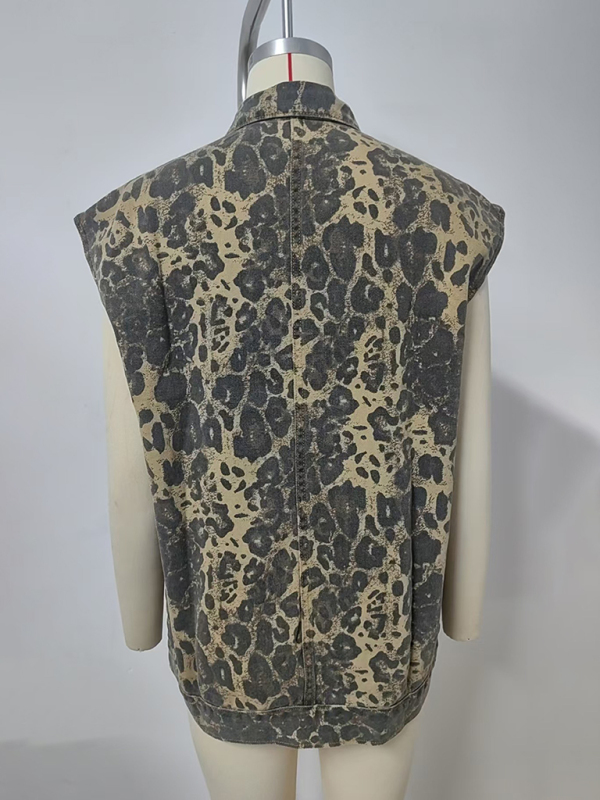 Washed denim new loose leopard print vest waistcoat - Image 3