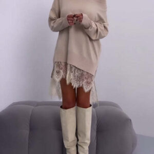 New Fashion Lace Slit Mid-Length Casual Loose Pullover Sweater