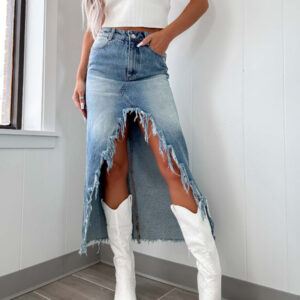 Raw edge denim skirt