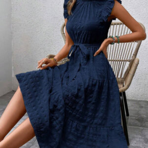 New Fashion Ruffled Flying Sleeve Lace-up Textured Dress