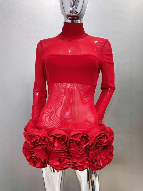 Sexy see-through mesh flower bud skirt ultra-short red dress sexy hot birthday party dress - Image 3