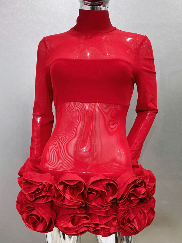 Sexy see-through mesh flower bud skirt ultra-short red dress sexy hot birthday party dress - Image 4