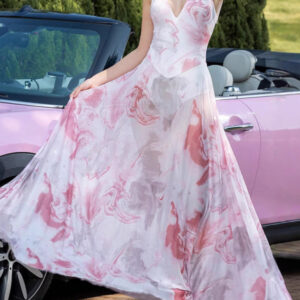 V-neck suspenders mesh print semi-transparent V-neck long dress