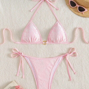 Backless white lace pink bikini