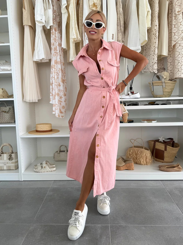 Casual single breasted sleeveless denim dress