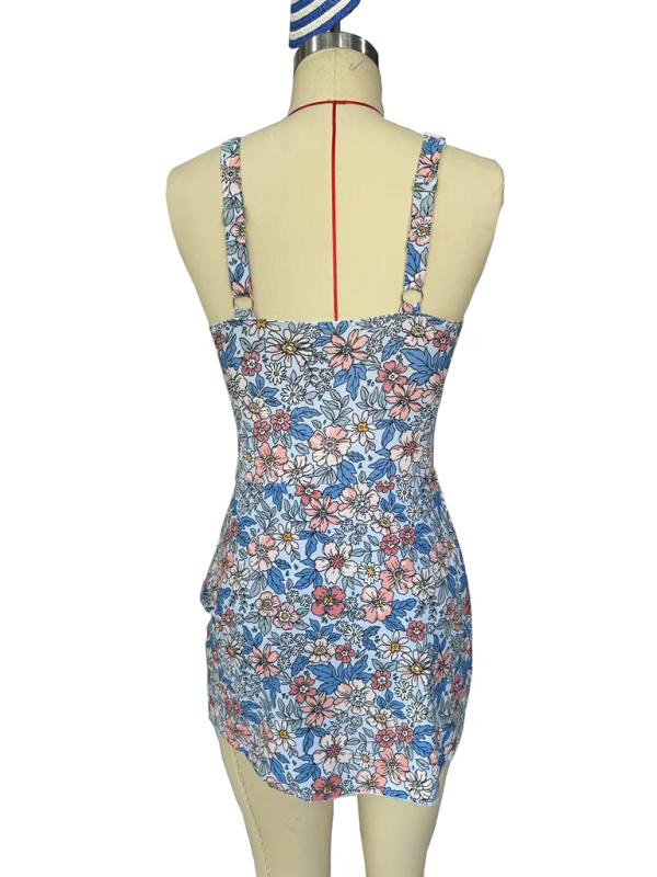 Slim skirt and blue floral print one-piece swimsuit bikini - Image 2