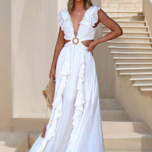 Backless Dress Bohemian V-Neck Ruffle Slit Maxi Dress