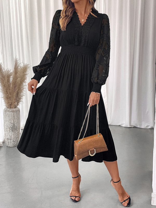 V-neck waist lace long-sleeved dress - Image 3