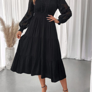 V-neck waist lace long-sleeved dress