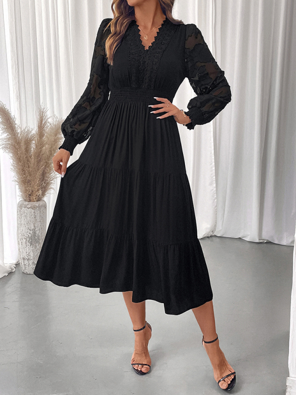 V-neck waist lace long-sleeved dress