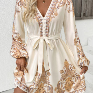 Elegant ethnic retro style V-neck paisley print dress