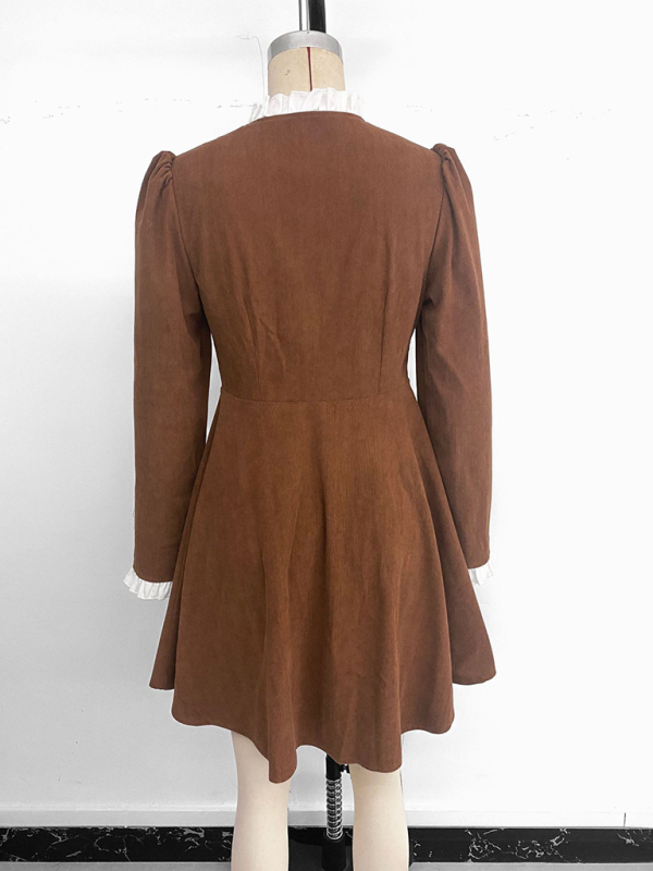 Retro elegant ruffled corduroy long-sleeved dress - Image 3