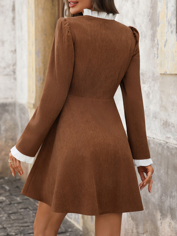 Retro elegant ruffled corduroy long-sleeved dress - Image 4