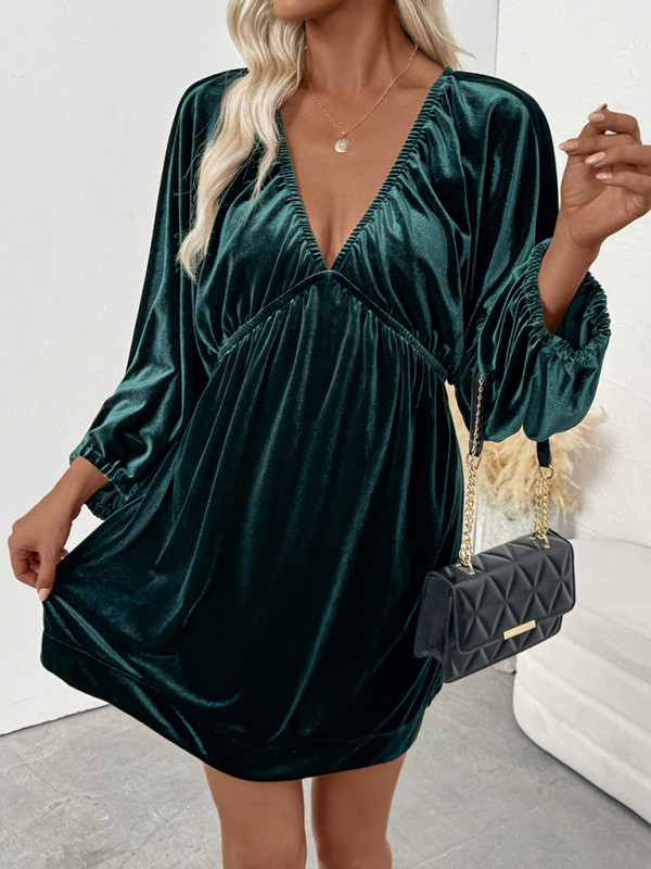 Pleated deep V neck velvet dress - Image 3