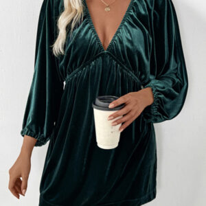 Pleated deep V neck velvet dress