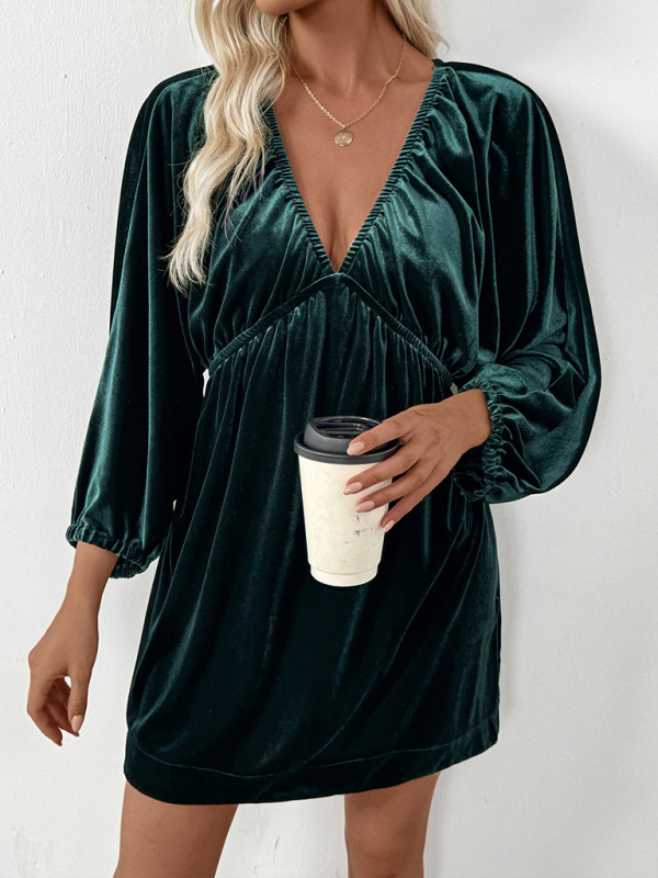 Pleated deep V neck velvet dress