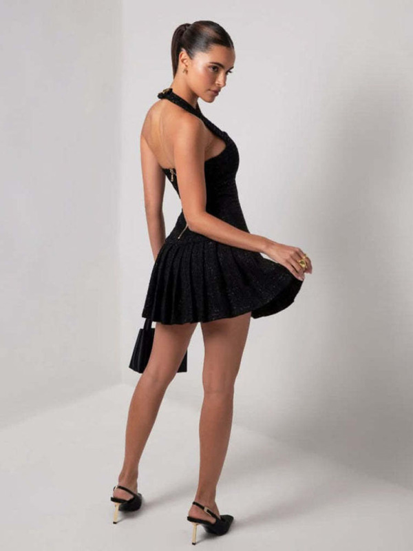 Gold Buckle Halter Neck Braided Pleated Dress - Image 4