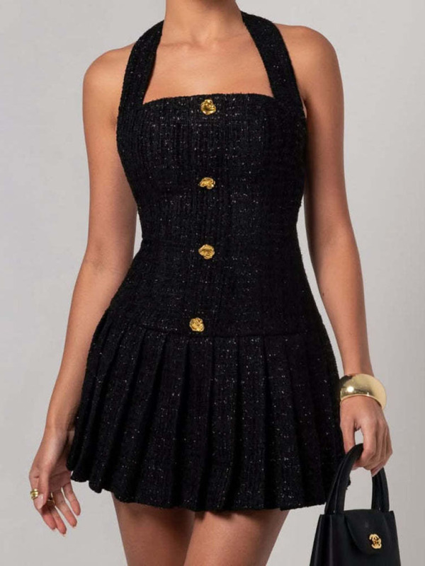 Gold Buckle Halter Neck Braided Pleated Dress - Image 6