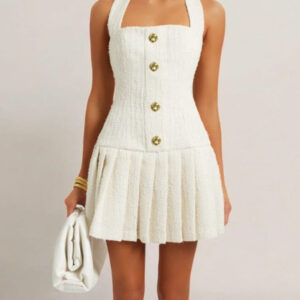 Gold Buckle Halter Neck Braided Pleated Dress