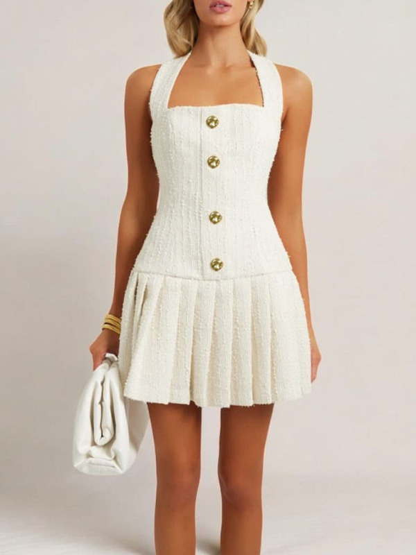 Gold Buckle Halter Neck Braided Pleated Dress