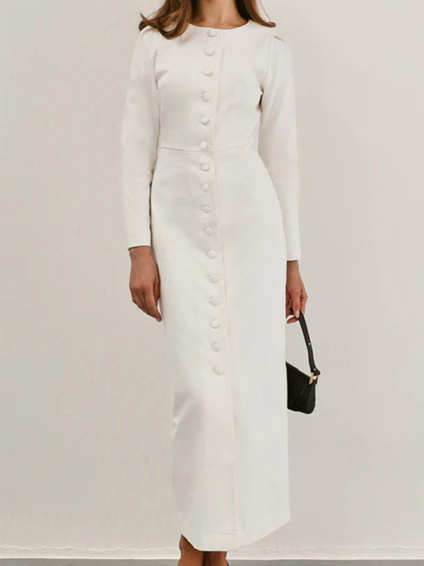 Elegant single-breasted white long-sleeved dress