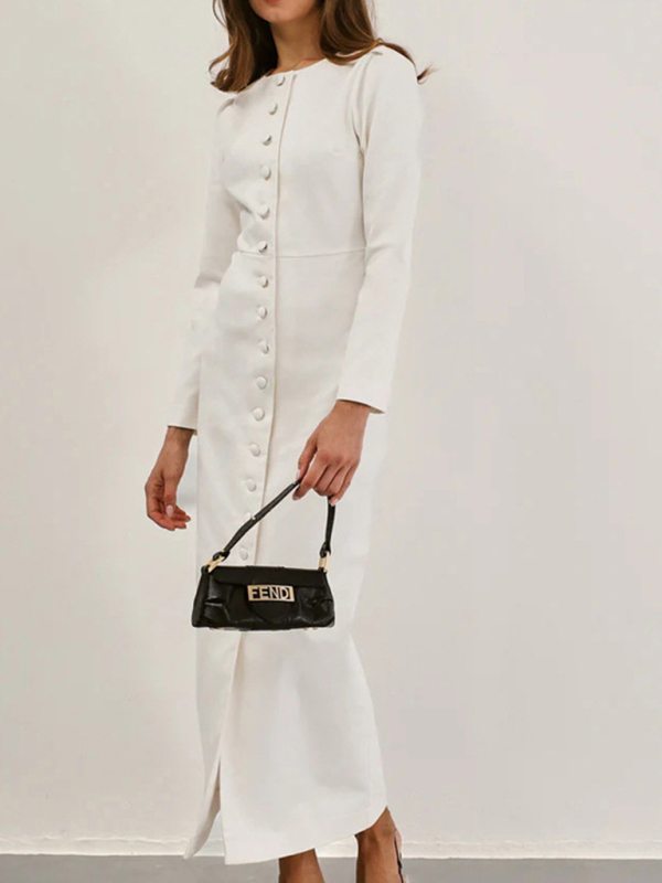 Elegant single-breasted white long-sleeved dress - Image 5