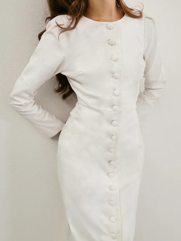 Elegant single-breasted white long-sleeved dress - Image 4