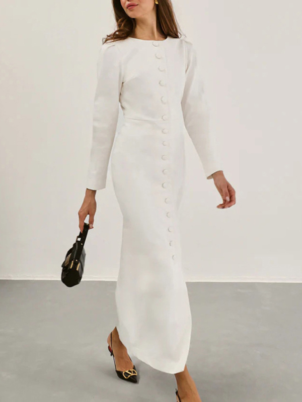 Elegant single-breasted white long-sleeved dress - Image 2