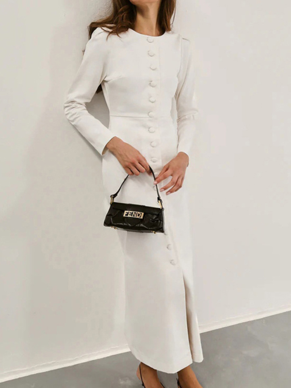 Elegant single-breasted white long-sleeved dress - Image 3