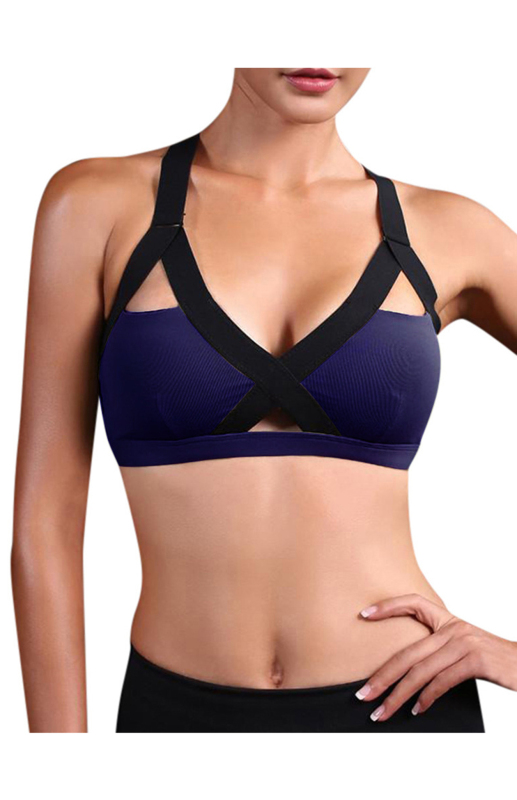 Color Contrast Sexy Cross Elastic Sports Bra - Image 4