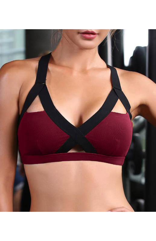 Color Contrast Sexy Cross Elastic Sports Bra - Image 2