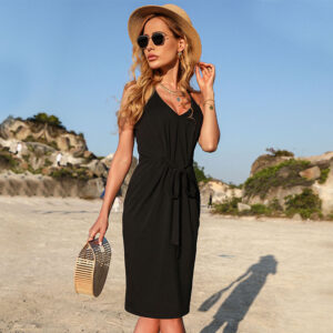 Sleeveless Pleated Black Resort Sling Dress