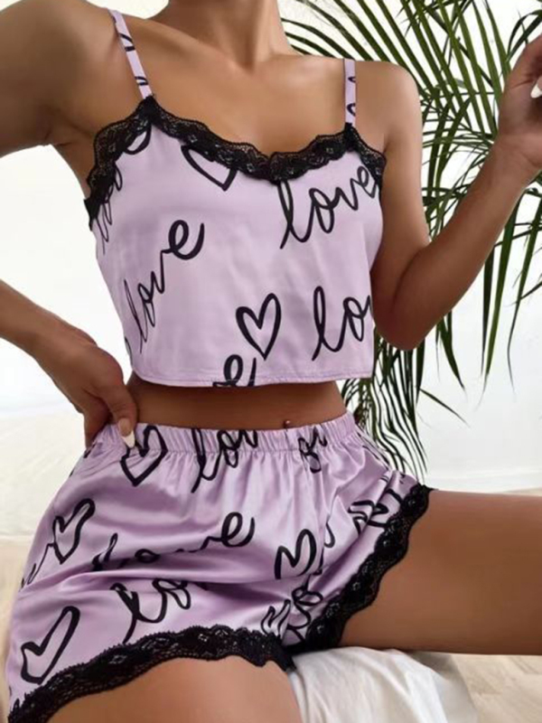 Cute Love lace Pajamas Suspender Set - Image 2
