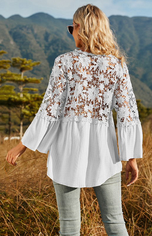 Women’s Lace Crochet Deep V-Neck Blouse - Image 2