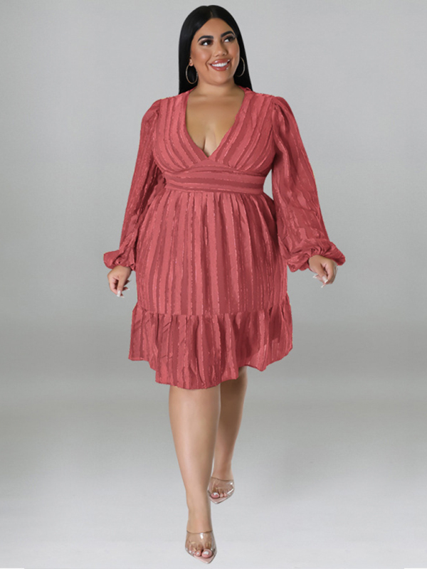 Plus size jacquard V-neck striped long-sleeved dress - Image 4