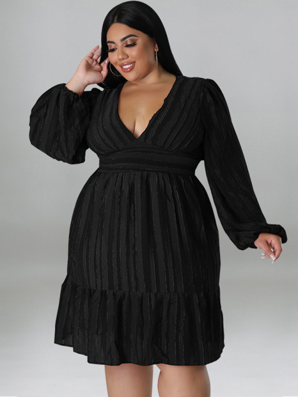 Plus size jacquard V-neck striped long-sleeved dress - Image 6