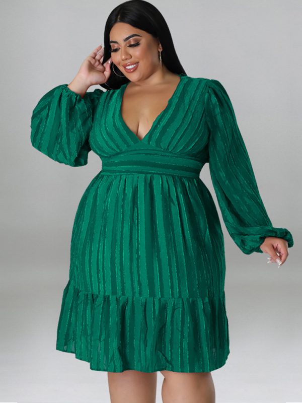 Plus size jacquard V-neck striped long-sleeved dress - Image 5