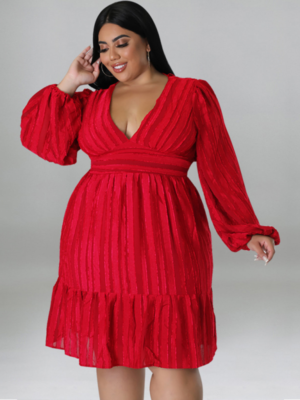 Plus size jacquard V-neck striped long-sleeved dress - Image 3
