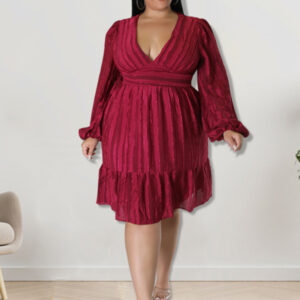 Plus size jacquard V-neck striped long-sleeved dress