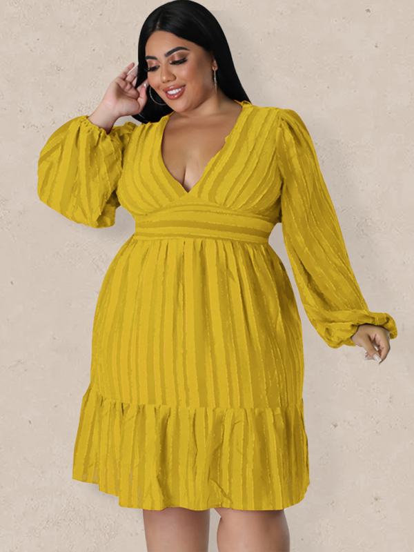 Plus size jacquard V-neck striped long-sleeved dress - Image 2
