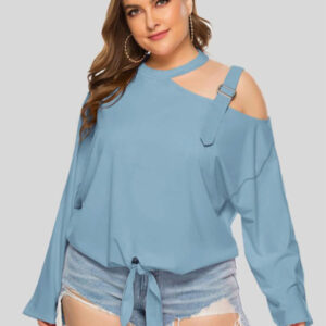 Plus size -Shoulder Strap Hollow Bow Long Sleeve Slanted Shoulder T-Shirt