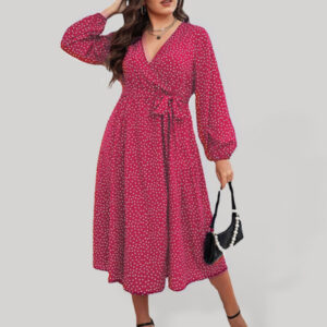 Plus size big pendulum polka dot long sleeve commuter red dress