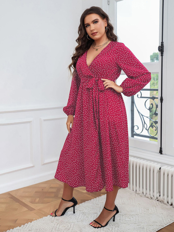 Plus size big pendulum polka dot long sleeve commuter red dress - Image 4