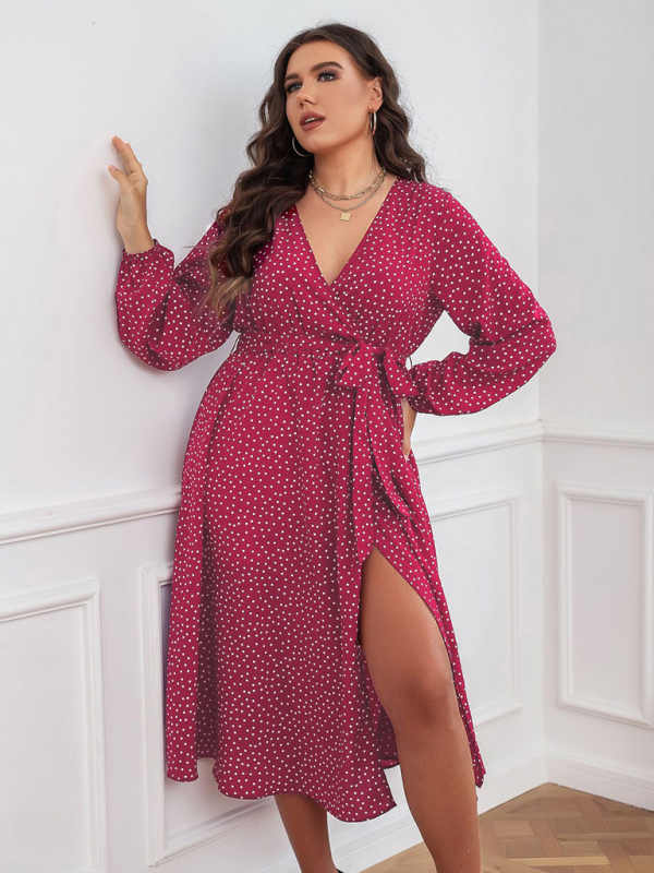 Plus size big pendulum polka dot long sleeve commuter red dress - Image 3