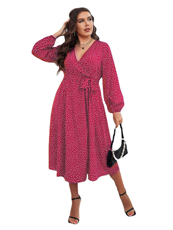 Plus size big pendulum polka dot long sleeve commuter red dress - Image 2
