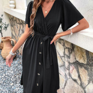 Women's Woven V Neck Short Sleeve Midi Dress