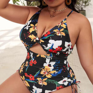 Plus Size Women-Printed Push-up Hollow One-Piece Swimsuit