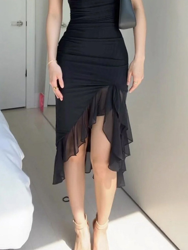 Mesh dress with irregular ear-cut waist and elegant pleat design - Image 4