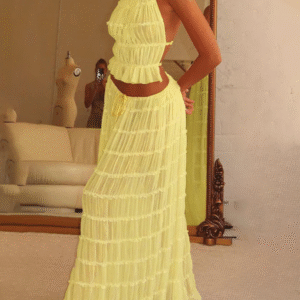 Backless lace-up halter top set and two-piece skirt