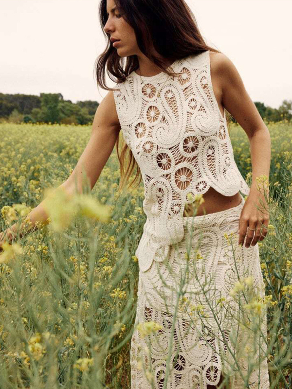 Retro Half-Slit Round Neck Sleeveless Vest + Skirt Set - Image 4